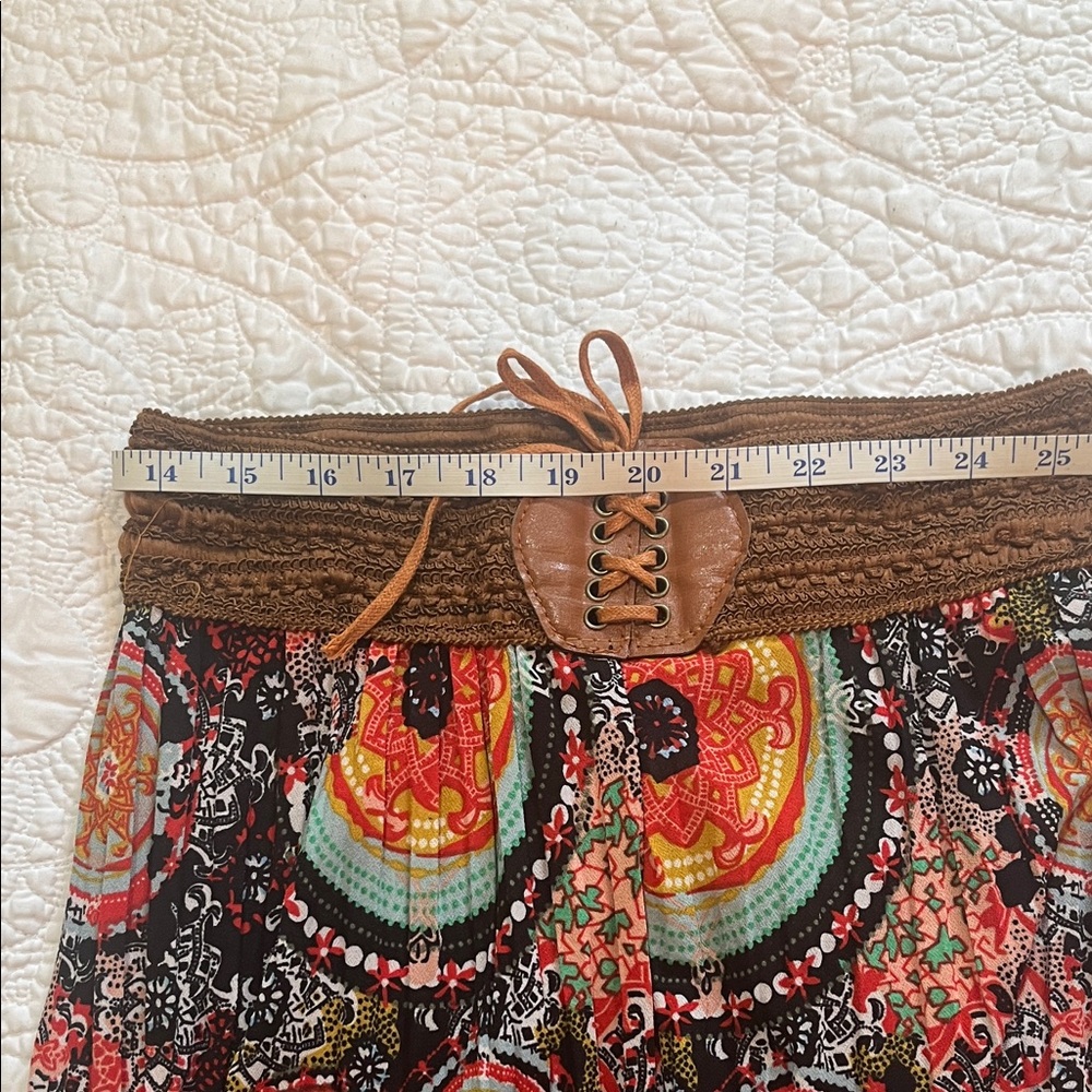 Boho Multi-Color Printed Maxi Skirt with Brown Waist Tie